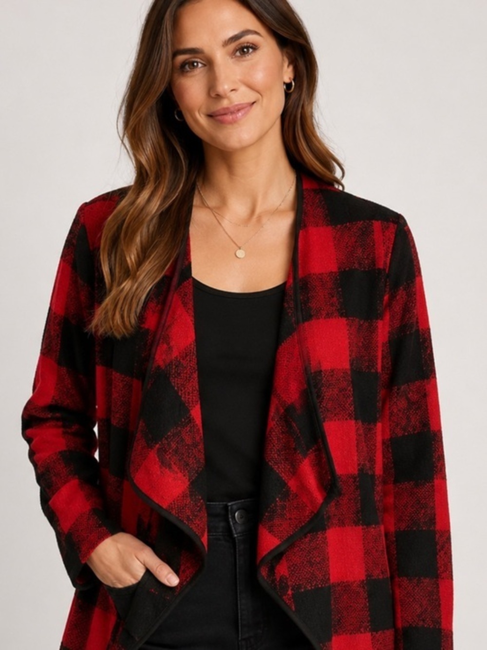 Red and black buffalo checked tweed woven open front duster jacket in size M/L